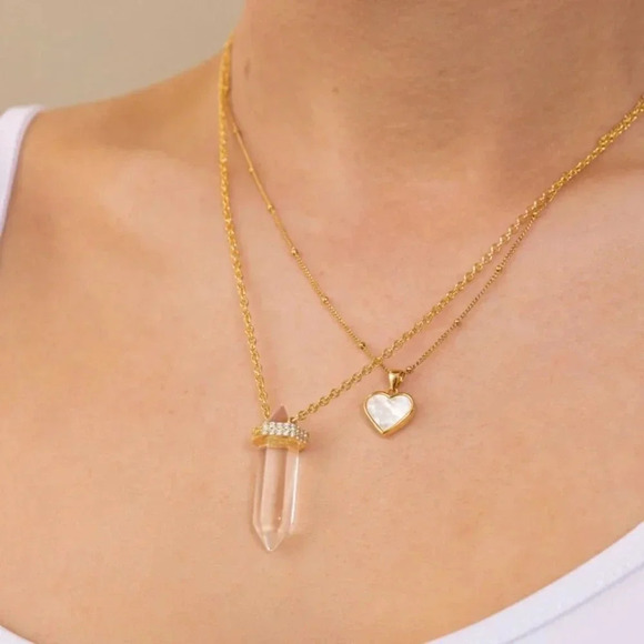 NIALAYA Clear Quartz Crystal Necklace Engraved Evil Eye Gold Plated L 18”+ 2” - Picture 3 of 9